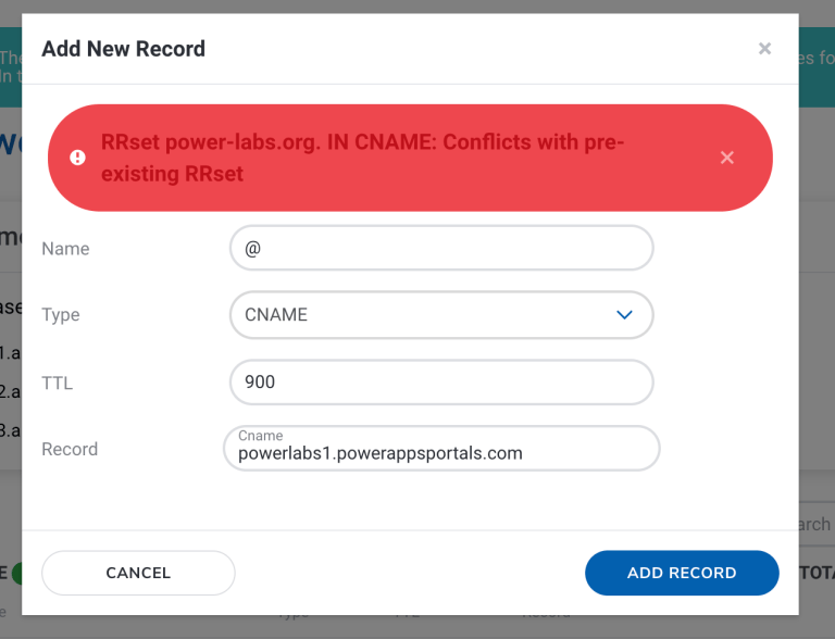 Power Pages custom domain and RRset conflict error – CloudMinded