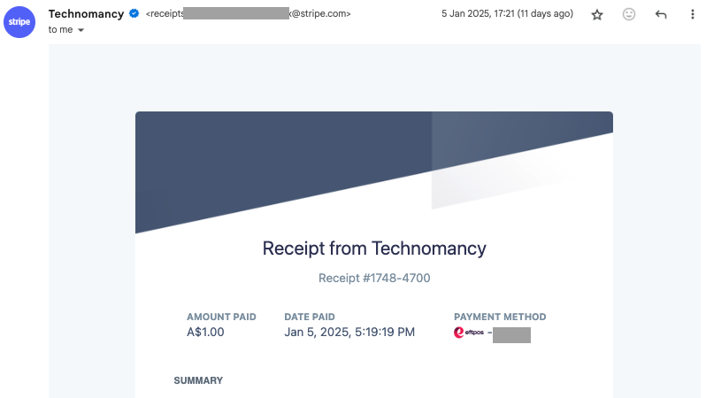 Stripe payment receipt (sample)
