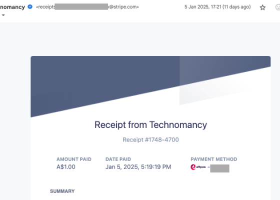 Stripe payment receipt (sample)
